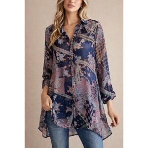Umgee Semi Sheer Boho Patchwork Print Tunic Top Button Front Longline Blouse Med